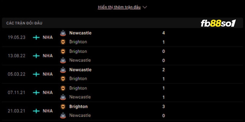 Lịch sử đối đầu hai đội Brighton vs Newcastle 